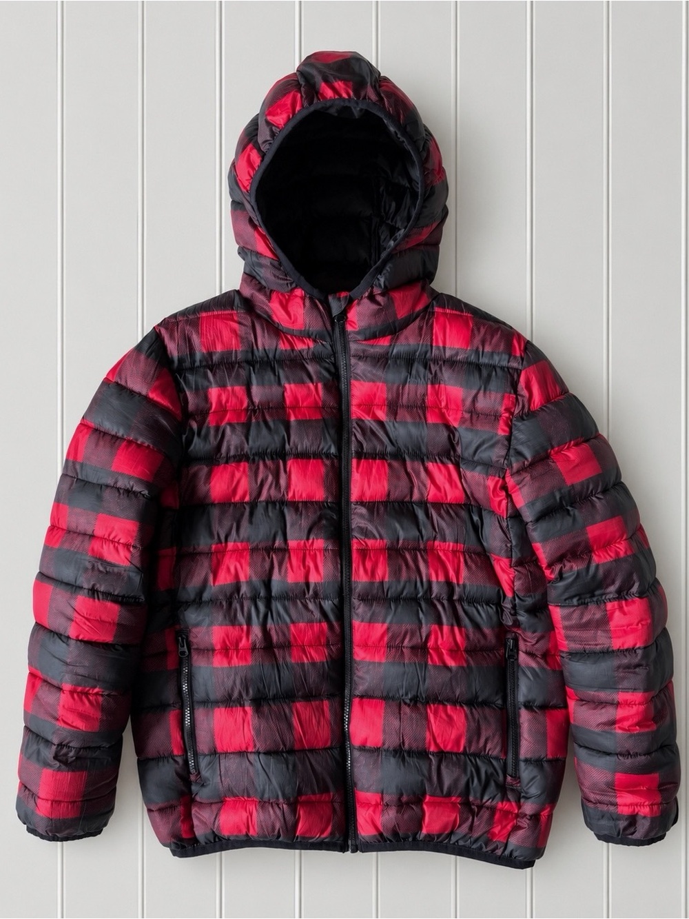 ROOTS Youth Red Plaid Puff Zip-Up Hoodie Jacket MEDIUM Classic Winter Outdoor